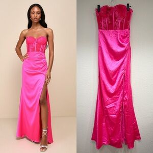 NWOT Lulus Prominent Glamour Hot Pink Embroidered Strapless Maxi Dress